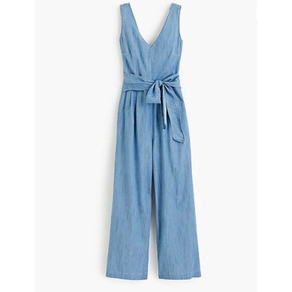 J. Crew Dark Matter Wrap Tie Chambray Wide Leg Cropped Jumpsuit - Picture 3 of 11